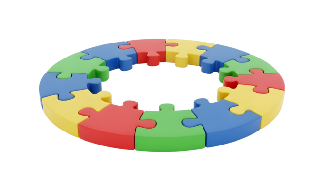 Colorful Circular Puzzle Pieces on White Background for Teamwork and Problem Solving