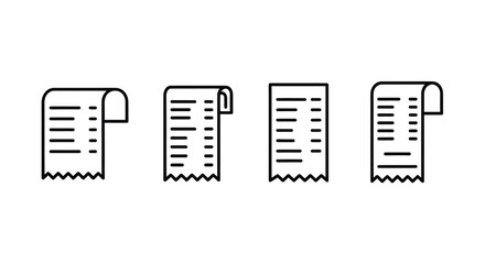 Set of four simple line art icons representing paper receipts bills and invoices vector