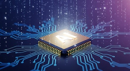 Stunning AI chip glowing with digital data streams and binary code, representing future technology innovation