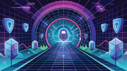 Cyber security and data protection concept with a futuristic illustration of a locked portal and shields in neon tones