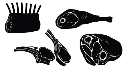 Assortment of raw meat cuts including lamb chops and leg of lamb isolated on white vector © Runa