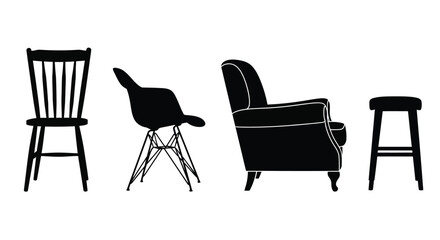 Diverse collection of furniture silhouettes featuring chairs and stool for interior design vector