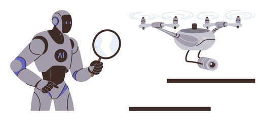 AI-powered robot inspecting flying quadcopter equipped with a camera using a magnifying glass. Ideal for AI, robotics, surveillance, innovation, future technology, research, machine learning. Simple