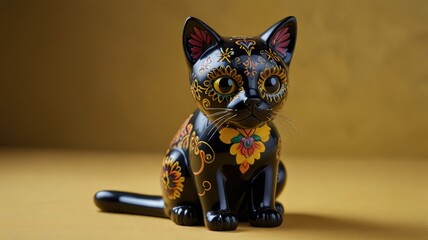 Handcrafted black cat sculpture with colorful floral patterns on display outdoors in a serene setting