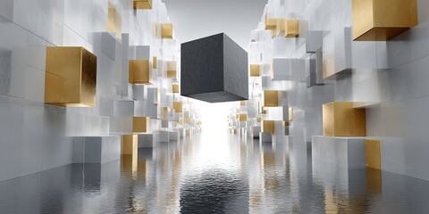 A futuristic space with gold and gray cubes. Great for tech, design, or architectural concepts, fitting for website backgrounds, digital art, and creative projects.