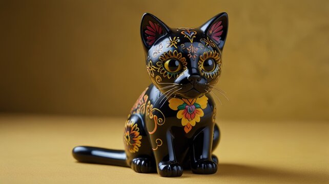 Handcrafted black cat sculpture with colorful floral patterns on display outdoors in a serene setting
