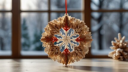 A delicate snowflake ornament hanging by the window, capturing the essence of winter's beauty in a cozy living room setting