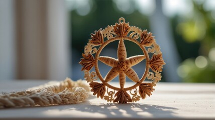 A delicate snowflake ornament hanging by the window, capturing the essence of winter's beauty in a cozy living room setting