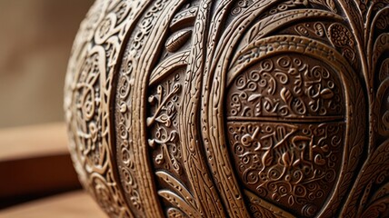 Intricately carved pottery featuring detailed floral and geometric designs, set against a neutral background in natural light