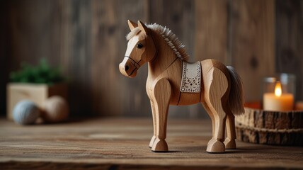 A handcrafted wooden horse figure displayed on a rustic wooden table in warm natural light, showcasing intricate details and craftsmanship