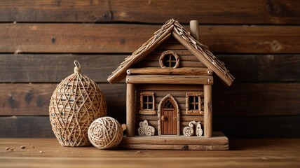 A cozy wooden house model with natural decor situated on a wooden table alongside decorative elements