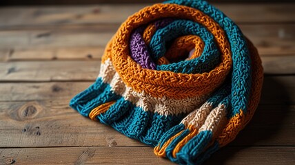 A close-up view of a hand-knitted gray scarf resting on a rustic wooden table in warm afternoon light