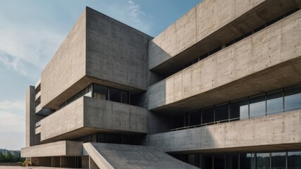 Modern Concrete Gray Building Structure with Open View. Minimalistic Urban Architecture City