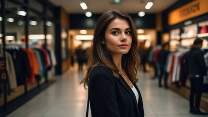 Young woman confidently walking through a busy shopping mall during daytime, with people in the background engaged in various activities