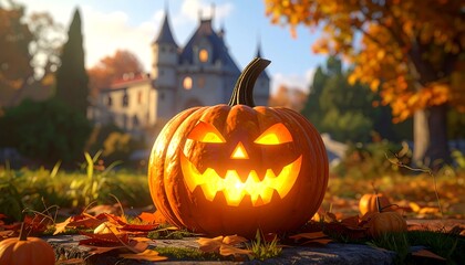 Obraz premium A vibrant pumpkin jack-o'-lantern sits amidst autumn foliage, a picturesque scene in front of a stately castle.