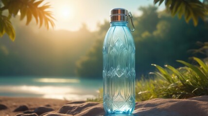 Close-Up of a Sparkling Water Bottle with Sunlight Reflection Against a Blurred Nature Backdrop. With space for text