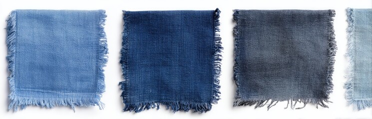 Four swatches of varying shades of blue dyed fabric, frayed edges