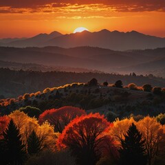 Colorful Sunset Above Mountain Ranges. A Red and Orange Sky Framed by Silhouetted Trees