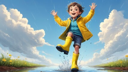 Joyful Child in Bright Rain Boots Splashing in a Puddle