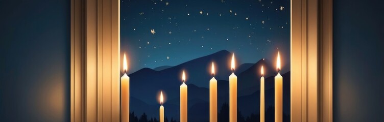 Close-Up of Candles Arranged Neatly on a Windowsill with a Blurred Winter Scene Outside. Hanukkah holiday