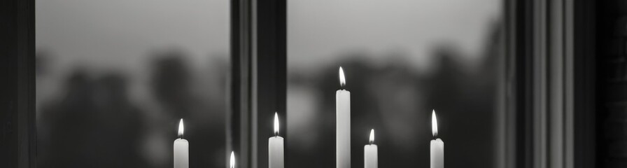 Close-Up of Candles Arranged Neatly on a Windowsill with a Blurred Winter Scene Outside. Hanukkah holiday