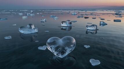 Translucent Blue Ice Hearts Floating on Water. Creating a Serene and Dreamy Ocean Scene