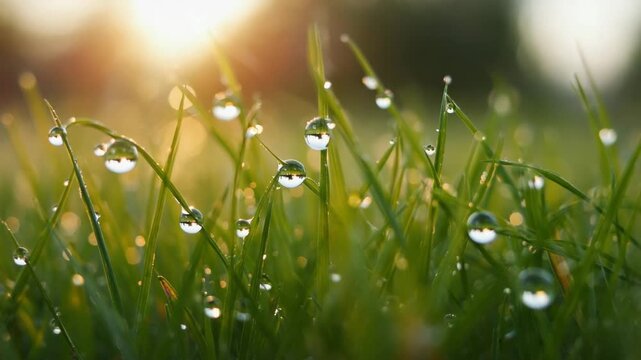 Sparkling dew drops on vibrant green grass catch the warm morning sunlight, creating a serene natural scene.