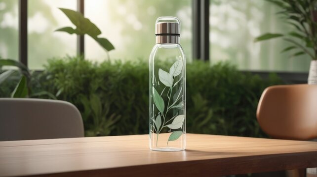 Close-Up of a Sparkling Water Bottle with Sunlight Reflection Against a Blurred Nature Backdrop. With space for text