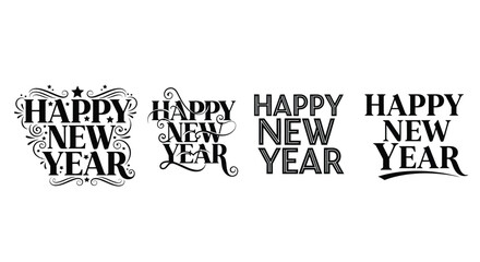 Four distinct styles of happy new year text designs for festive celebrations vector