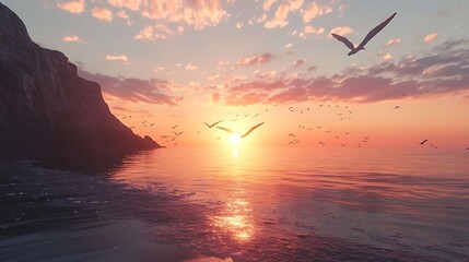 Sunset sky filled with silhouettes of birds above calm water high resolution picture