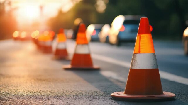Orange traffic cones lining road during sunset