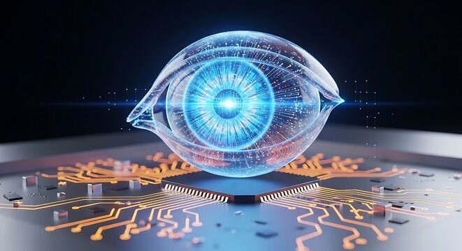 Futuristic digital eye with glowing circuits on computer chip, representing AI and advanced technology. - Powered by Adobe