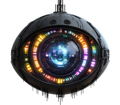 Futuristic robotic eye with colorful digital lens isolated on transparent background