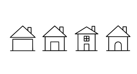 Four simple hand-drawn house icons with different roof and door styles in a row for real estate or architectural designs