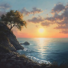Obraz premium Tranquil seaside sunset with wildflowers in foreground by shore high resolution picture
