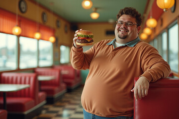 Man smiling while holding a burger inside a diner booth