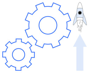 Gears representing teamwork and innovation, rocket symbolizing growth and success, arrow indicating upward progress. Ideal for business, technology, collaboration, startup, strategy, innovation