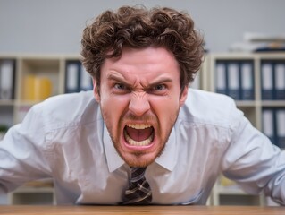 Angry businessman shouting in an office setting. Upset young man.