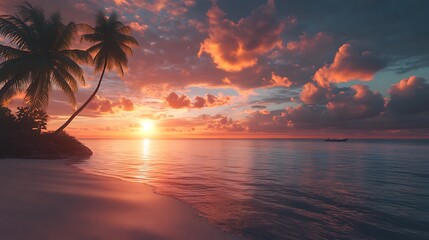 Tropical palm trees glowing under vibrant pink sunset sky by ocean high resolution picture