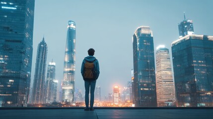 Plakat Contemplative Man Overlooking Urban Cityscape at Dusk: Modern Architecture and Personal Reflection