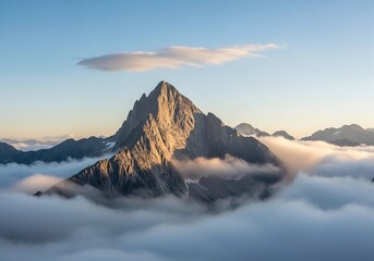 Majestic Mountain Peak Above Clouds at Sunrise Golden Light Landscape