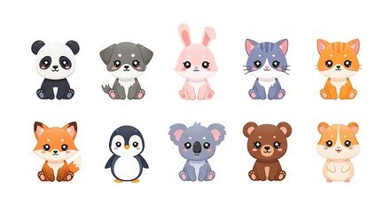 Kawaii animals collection, 10 different cute baby animals panda, bunny, cats, dog, fox, penguin, koala, bear, hamster