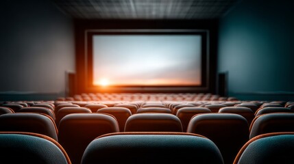 Fototapeta premium Empty movie theater showing sunset on screen with rows of seats at the cinema for the next presentation