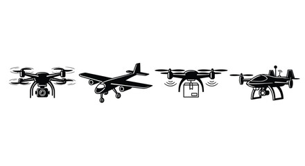 Fototapeta premium Four distinct drone models and a small airplane in a row for aerial photography and delivery vector