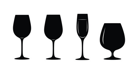 Set of four silhouette wine glasses and brandy snifter drinkware collection beverage container vector