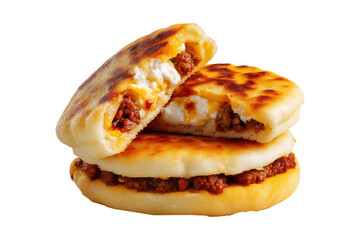Arepas flatbreads stuffed corn cake revealing a rich filling of minced meat, egg and melted cheese, isolated on white transparent background. Venezuelan street food