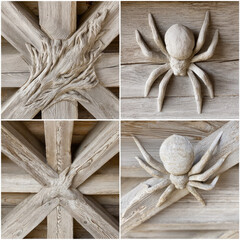 Intricate Wood Carvings of Spider and Natural Patterns in Detail