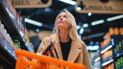 Shopper's Choice: A woman gracefully navigates the vibrant aisles of a modern grocery store, clutching a shopping basket as she gazes upwards, embodying the spirit of conscious consumerism.