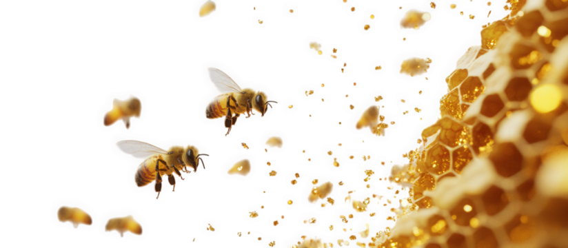Two bees flying towards a honeycomb with golden honey, isolated on transparent background