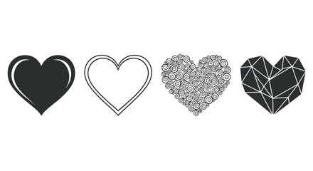 Diverse heart designs collection four unique stylized heart graphics for romantic themes vector